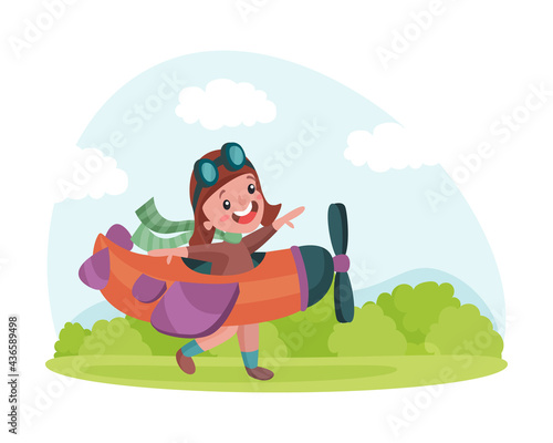 Playful Boy in Goggles with Toy Aircraft Flying and Playing Outdoor Vector Illustration