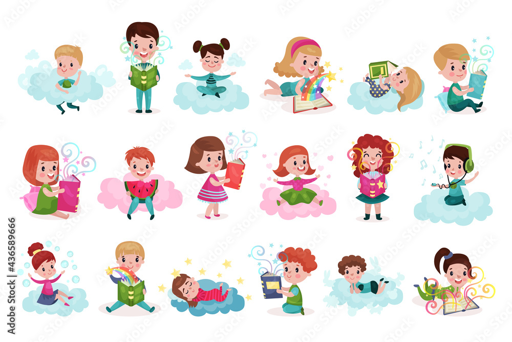 Smiling Kids Sitting on Soft Cloud and Doing Different Things Vector Illustration Set Smiling Kids Sitting on Soft Cloud and Doing Different Things Vector Illustration Set