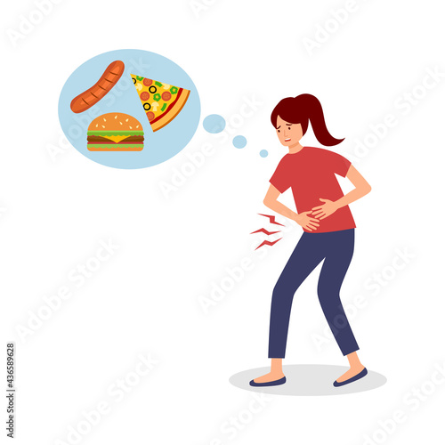 Young woman feels hungry and thinking about food in flat design on white background. Female suffering from stomachache and want eating food.