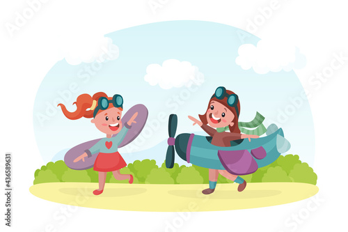 Playful Boy and Girl in Goggles with Toy Aircraft Flying and Playing Outdoor Vector Illustration