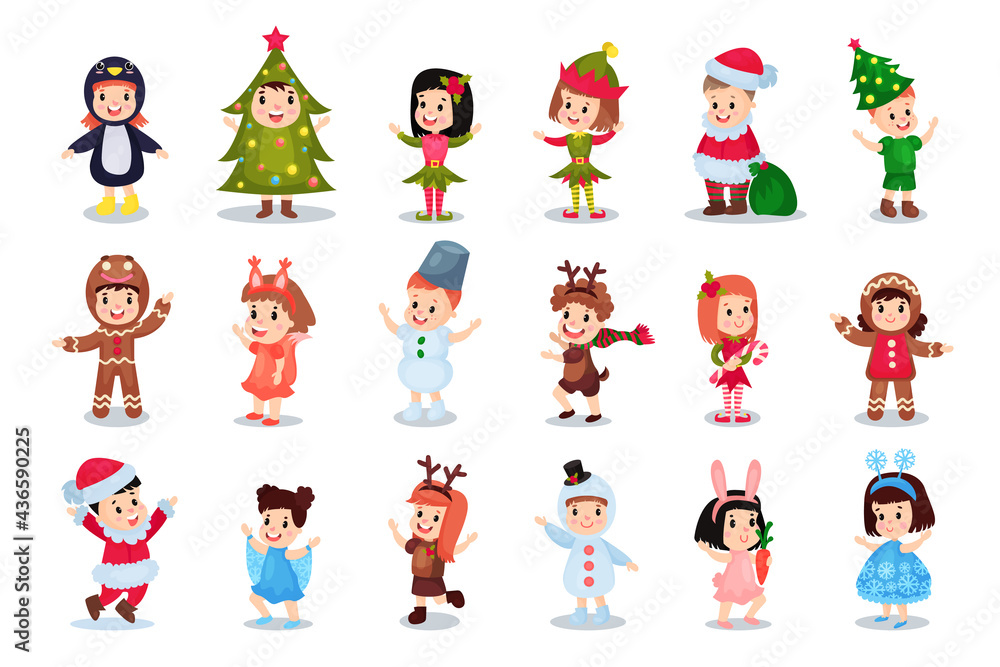 Happy Children Dressed in Christmas Costumes Vector Illustration Set
