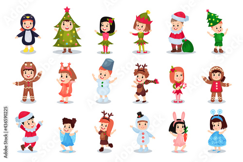 Happy Children Dressed in Christmas Costumes Vector Illustration Set