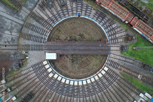 Railway turntable for locomotives aerial view train turntable
