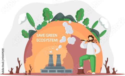 Lumberjack forester logger carrying ax against background of destroyed planet. Ecology poster to stop deforestation. Planet contaminated with factories and smoke emissions. Air pollution concept