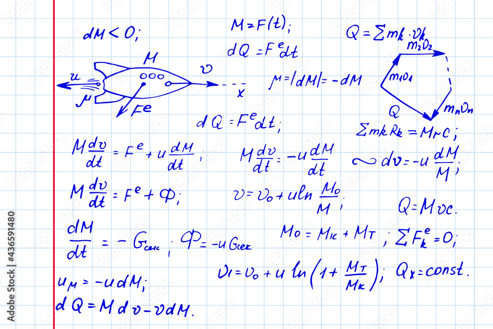 The calculation of the trajectory of a missile. Physical equations and formulas on notebook page. Vector hand-drawn illustration.