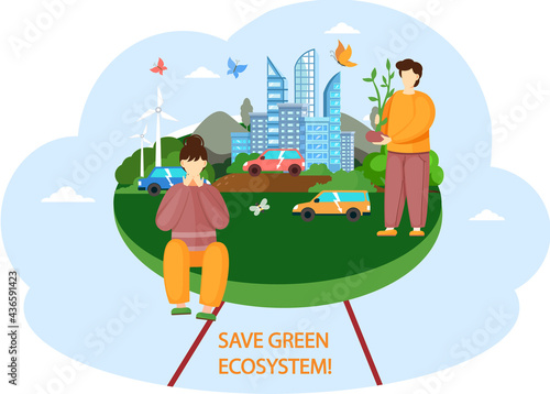 Nature and ecology design poster. Save green ecosystem concept. Environmental protection of Earth. People on background of modern prosperous city provided with alternative energy. Man planting tree
