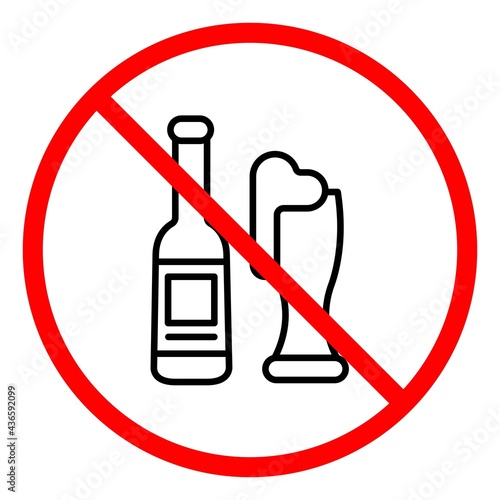 No alcohol allowed sign, line icon. Alcohol ban. No alcohol drinks in this area, prohibition symbol. Isolated badge for: illustration, logo, mobile, app, design, web, dev, ui, ux, gui. Vector EPS 10