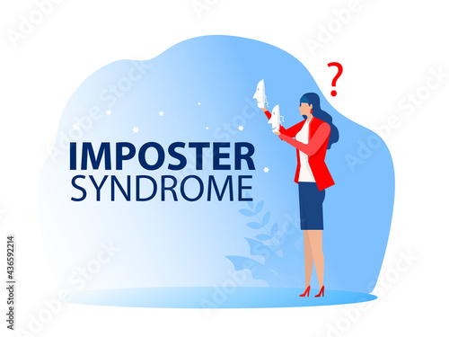 imposter syndrome, woman trying on carnival masks with happy or sad expressions.