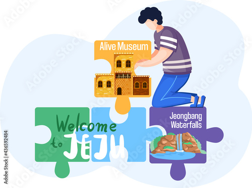 Welcome to Jeju island in South Korea, famous showplaces. Layout of poster with invitation to island for tourists. Local Jeju Korean culture representative. Male character puts puzzles of landmarks photo