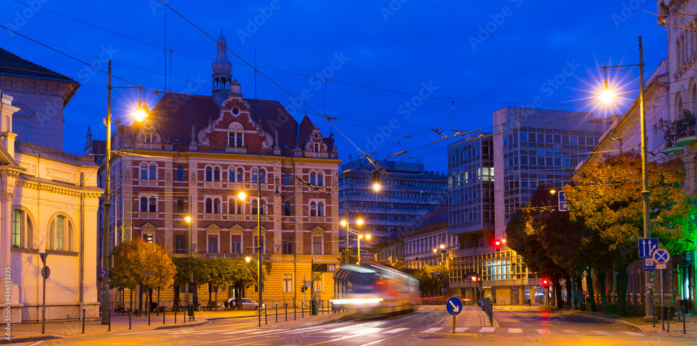 Fototapeta premium Picturesque cityscape of Szeged streets in night lights, Hungary