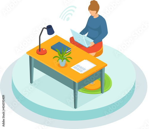 Freelancer woman with notebook at table at home does work or is educated remotely use modern technologies. Girl sitting on floor with computer works or communicates at distance using social media