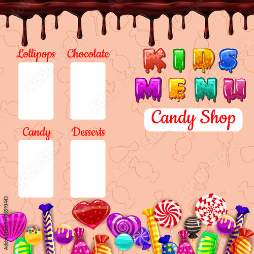 Kids Menu Candy, sweet different bonbon, lollipops,chocolate, jelly. Template menu for caffe, cafeteris, vector illustration, cartoon style