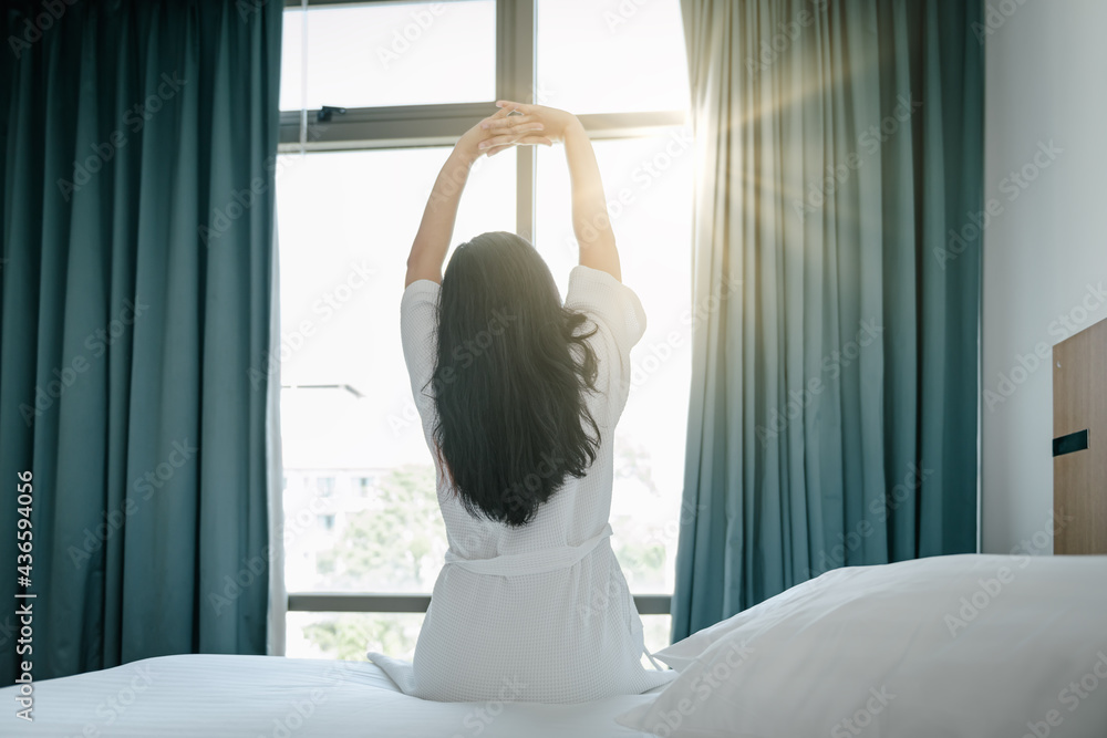 custom made wallpaper toronto digitalPretty Woman Stretching in Her Bed After Wake Up in The Morning, Young Woman Having Relax During Waking Up on Bedroom. Beautiful Brunette is Waking up and Stretches in Resting Room at Morning
