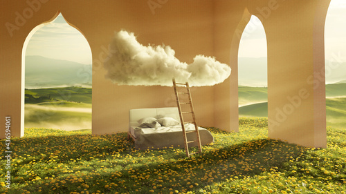 garden cloud bed surreal 3d rendering