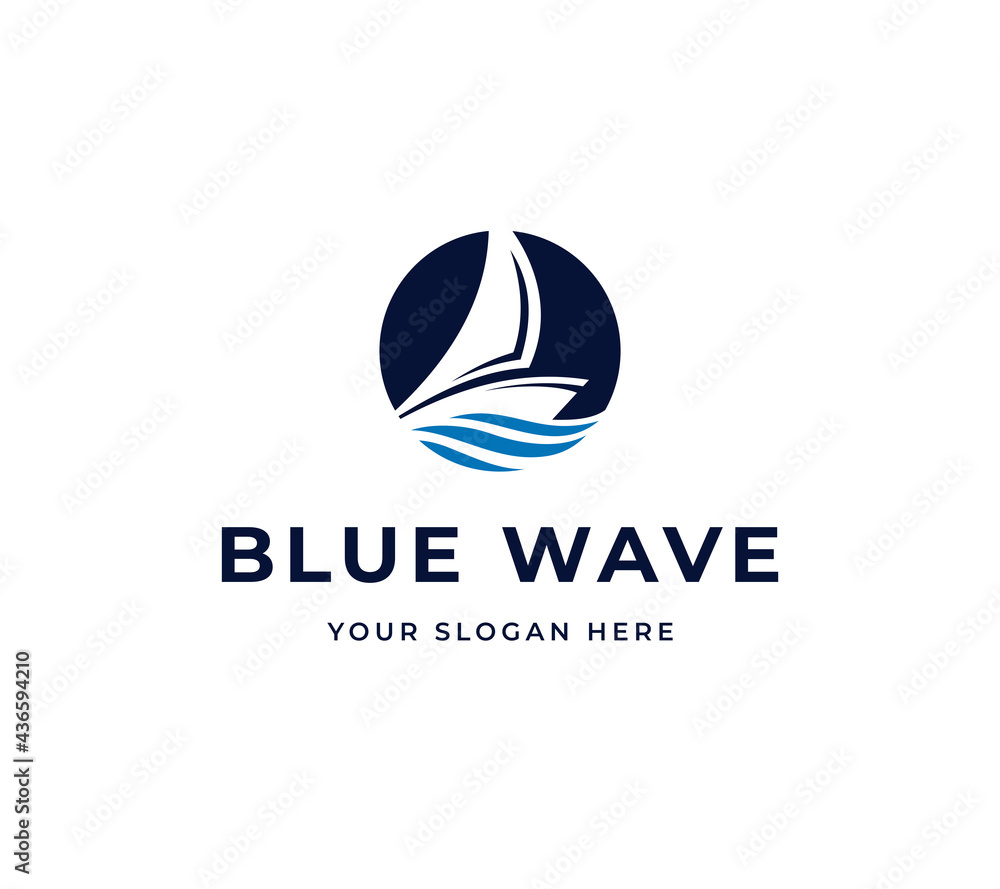 blue wave design logo vector. minimalist circle ship logo design blue wave design logo vector. minimalist circle ship logo design