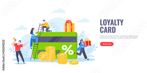 Get loyalty card and customer service business concept flat design vector illustration. Earn loyalty program points and get online reward and gifts. Tiny people with big card and gift box.