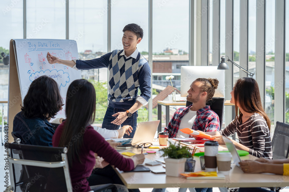 Asian Creative manager man presenting the successful ideas in front of Group Of Asian Business people with casual suit in serious action in the modern workplace, Group people business concept