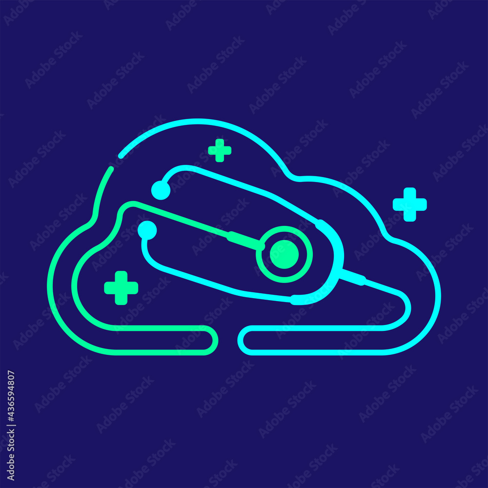 Logo Stethoscope and heartbeat wave in Cloud frame with cross icon, Medical doctor Cloud online data network platform concept design illustration blue, green color isolated on dark blue background