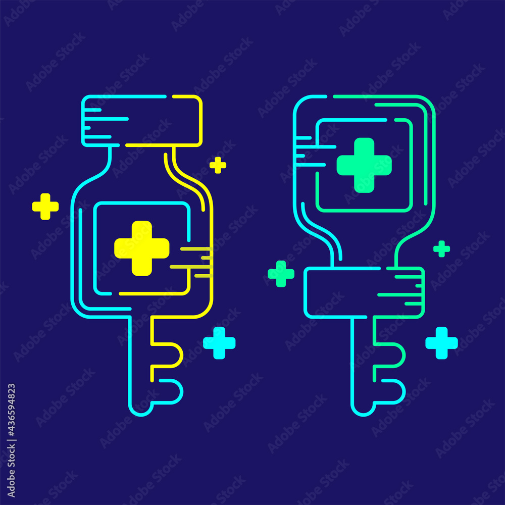 Logo covid-19 vaccine bottle key with cross icon, Vaccination Campaign problem exit concept design illustration blue, green, yellow color isolated on dark blue background Logo covid-19 vaccine bottle key with cross icon, Vaccination Campaign problem exit concept design illustration blue, green, yellow color isolated on dark blue background