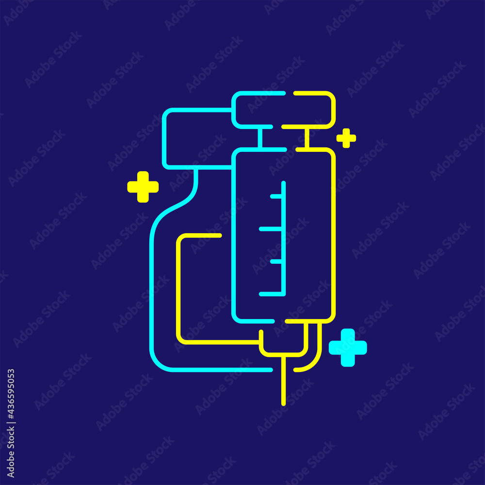 Logo covid-19 vaccine bottle and syringe with cross icon, Vaccination Campaign concept design illustration blue, yellow color isolated on dark blue background Logo covid-19 vaccine bottle and syringe with cross icon, Vaccination Campaign concept design illustration blue, yellow color isolated on dark blue background