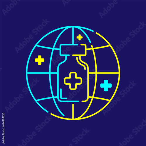 Logo covid-19 vaccine bottle, network with cross icon, Vaccination Campaign global travel bubble guide illustration blue, yellow color isolated on dark blue background