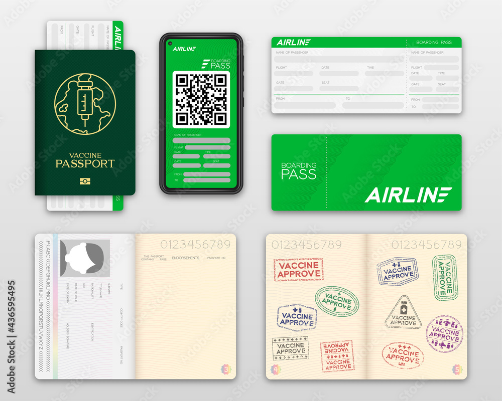Vaccine passport covid-19 with logo bottle, syringe, global network, Smartphone with E Boarding pass, Business class, Vaccination Campaign travel bubble concept design top view illustration isolated Vaccine passport covid-19 with logo bottle, syringe, global network, Smartphone with E Boarding pass, Business class, Vaccination Campaign travel bubble concept design top view illustration isolated