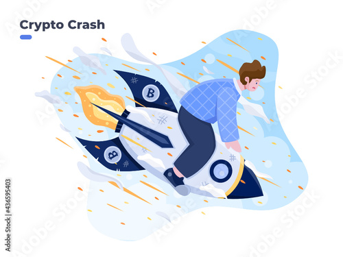 Cryptocurrency falling down illustration. Crypto crash 2021. Bitcoin rocket crash. Crypto price collapse. Cryptocurrency volatility price roaring fast and fall down causing investor huge loss. 