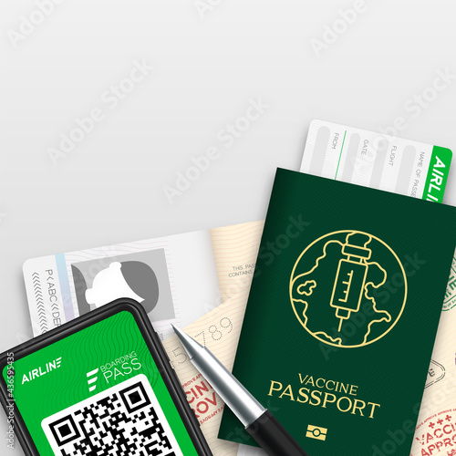 Vaccine passport covid-19 with logo bottle, syringe, global network, Smartphone with E Boarding pass, Business class, Vaccination Campaign travel bubble concept design top view illustration isolated