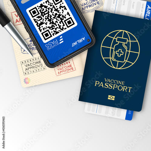 Vaccine passport covid-19 with logo bottle, syringe, global network, Smartphone with E Boarding pass, First class, Vaccination Campaign travel bubble concept design top view illustration isolated
