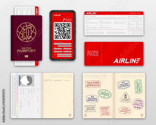 Vaccine passport covid-19 with logo bottle, syringe, global network, Smartphone with E Boarding pass, Economy class, Vaccination Campaign travel bubble concept design top view illustration isolated