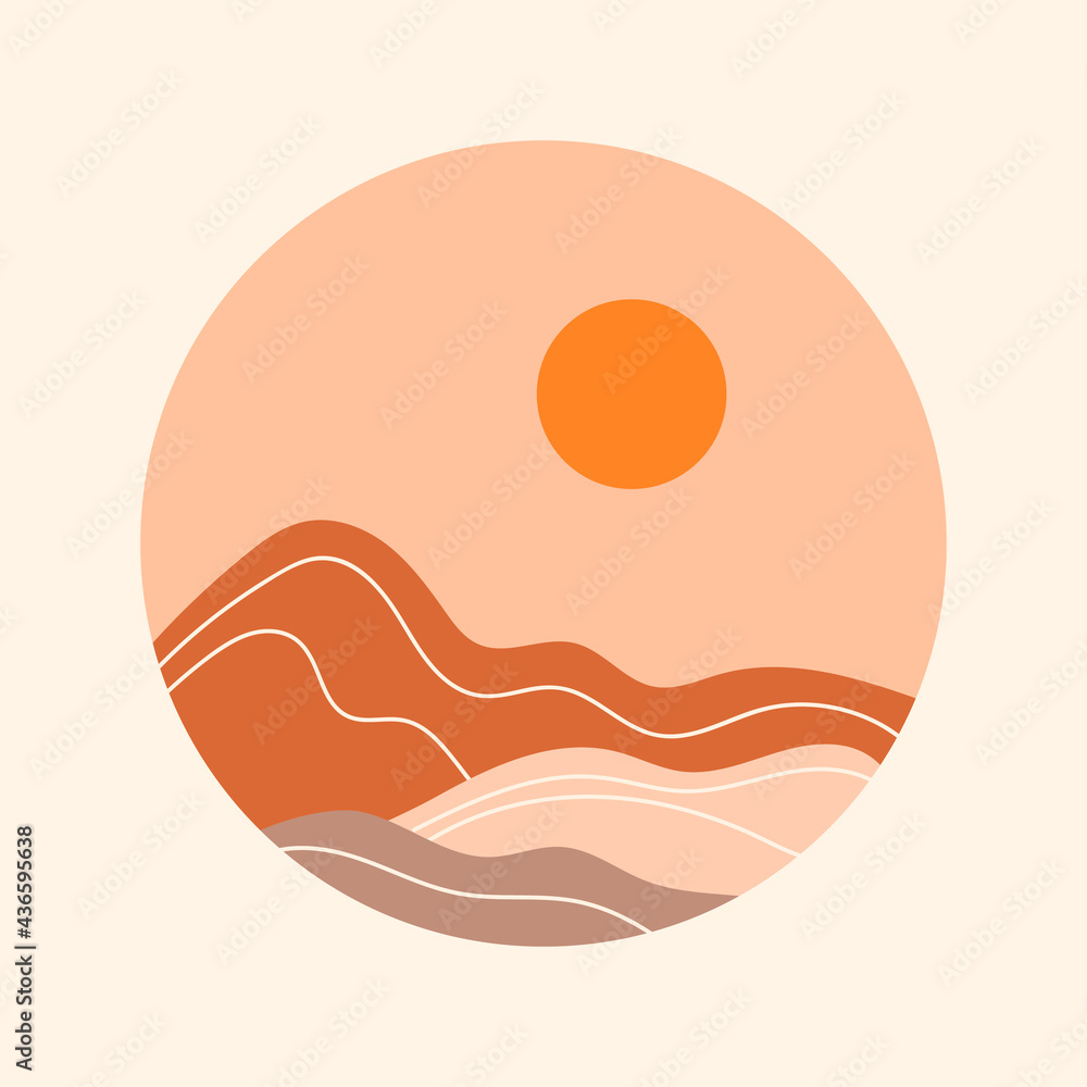 Abstract landscape with sun and mountains. Boho wall art. Hand drawn vector illustration. Abstract landscape with sun and mountains. Boho wall art. Hand drawn vector illustration.