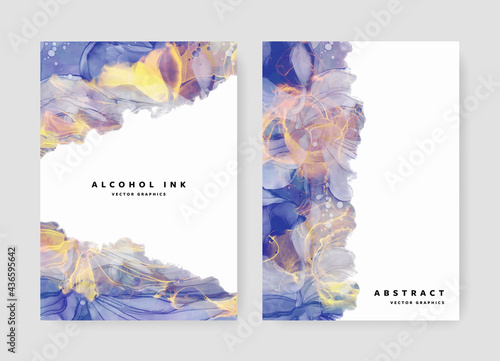 Unique abstract brochure A4 cover layout with blue alcohol ink texture, original background for print materials, booklet template design for business, watercolor texture, gold elements