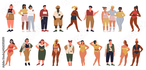 Overweight people vector illustration set. Cartoon young plus size man woman characters wearing fashion casual clothes, standing in row, fat body shape girls in bikini swimsuit isolated on white