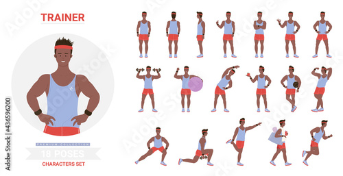 African american black sport trainer man poses vector illustration set. Cartoon male character showing muscles, posing ball, dumbbells exercises, training standing running different postures isolated