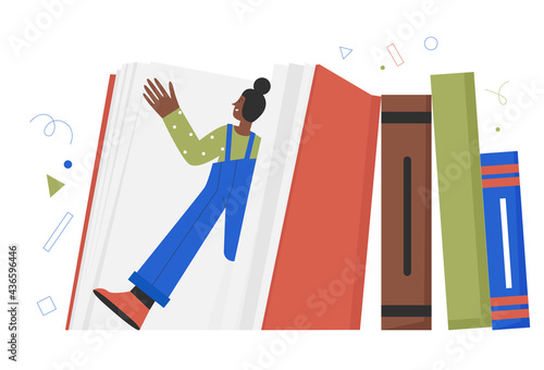 Book education world, people readers at library, literature lover or fan concept vector illustration. Cartoon tiny young woman student character standing among different giant books and textbook