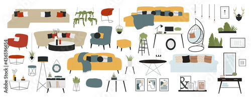 Furniture modern interior decor design for living room vector illustration. Cartoon furnishing elements collection with sofa couch armchair chair table vase lamp for home or office isolated on white
