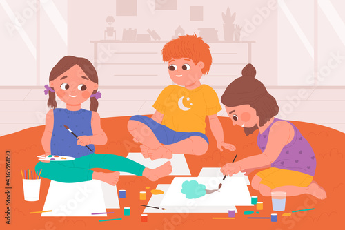 Kids draw play with joy, sitting on nursery floor vector illustration. Cartoon happy preschool children drawing together, paint pictures, girl child holding brush, childhood fun time background