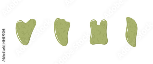 Gua sha scraper for facial massage. Collection of different shape natural green nephrite stones. Skin care, home beauty procedures and morning routine. Vector illustration in flat cartoon style.