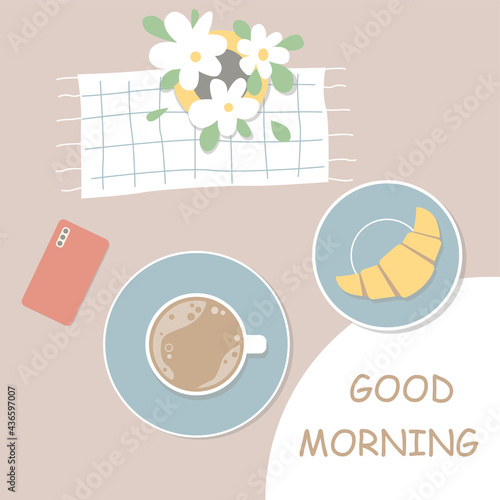Breakfast table top view. A cup with a coffe, flowers, croissant and the phone. Vector summer morning poster.