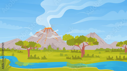 Volcano active eruption tropical nature landscape vector illustration. Cartoon mountain scenery natural disaster with lava fountain, volcanic hot ash clouds, fire and smoke background