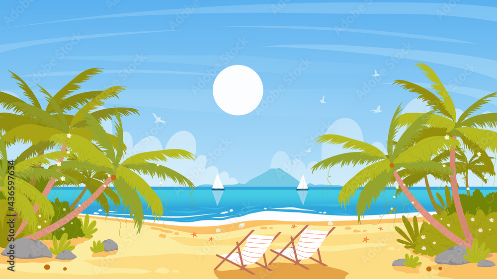 Sea beach island landscape, tropical paradise vector illustration. Cartoon summer seashore scenery with blue sea or ocean waves, coconut palm trees and tropic nature, lounges on white sand background
