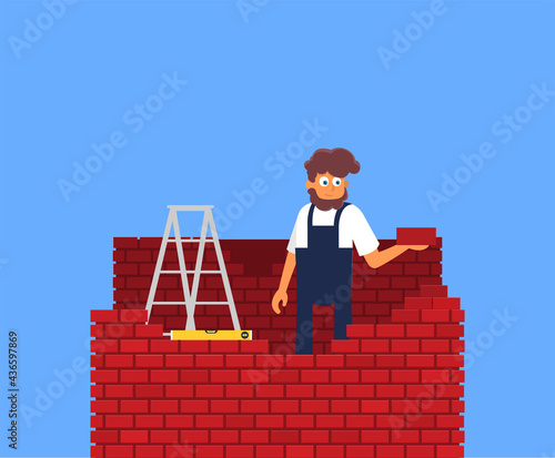 Flat young man bricks stacker with equipment makes wall.