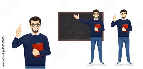 Male young teacher in casual clothes at blackboard with copy space showing something and pointing up isolated vector illustration