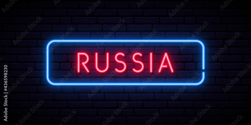 Russia neon sign. Bright light signboard. Vector banner.