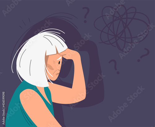 Eldery gray-haired woman with dementia and bewildered thoughts in her mind. Concept of memory loss anf fight with amnesia and mental disorder. Vector illustration.