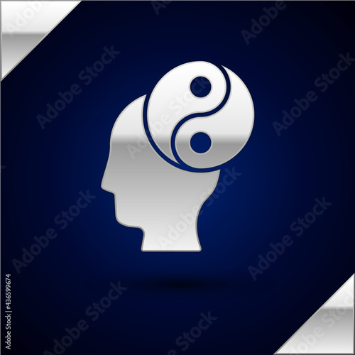 Silver Yin Yang symbol of harmony and balance icon isolated on dark blue background. Vector