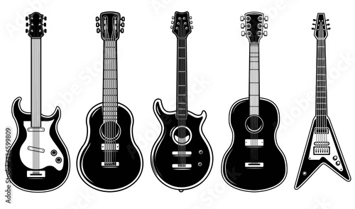 Set of illustrations of guitar isolated on white background. Design element for logo, label, sign, emblem. Vector illustration