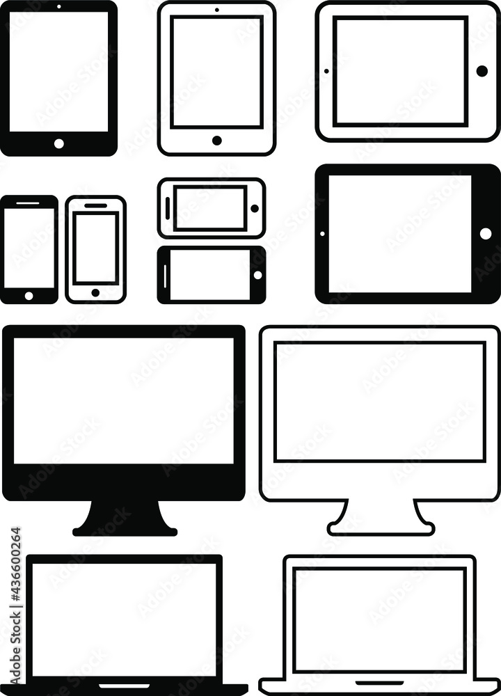 Electronic devices - computer monitor, phone, tablet, and laptop isolated on white background. Vector iilustration set of black icons. EPS 10 Electronic devices - computer monitor, phone, tablet, and laptop isolated on white background. Vector iilustration set of black icons. EPS 10