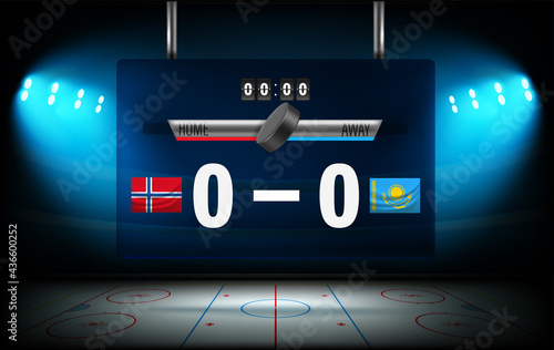 Illuminated ice hockey stadium with Norway and Karakhstan flags