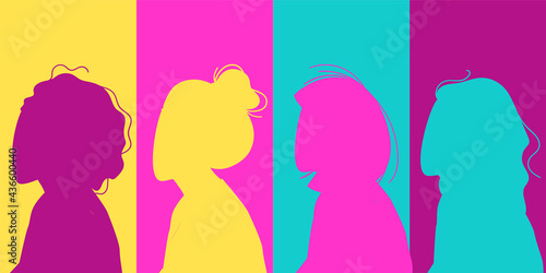 Women Silhouette of different cultures and nationalities standing together. The concept of the female empowerment movement and gender equality.